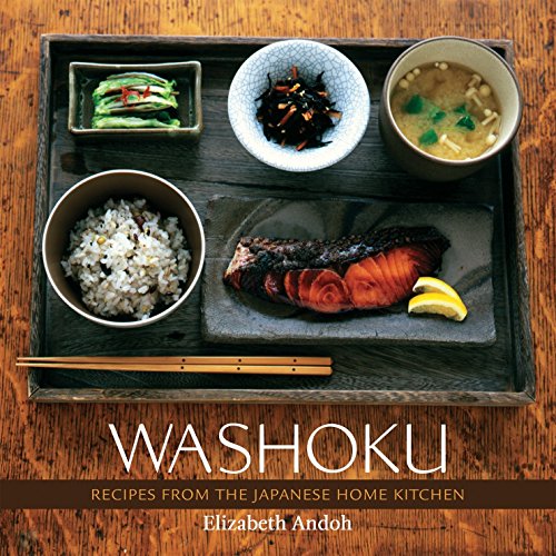 Cookbook cover with Japanese food presentation, titled "Washoku" by Elizabeth Andoh.