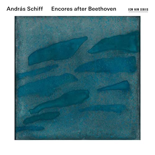 CD cover for András Schiff’s “Encores After Beethoven” with abstract blue shapes.