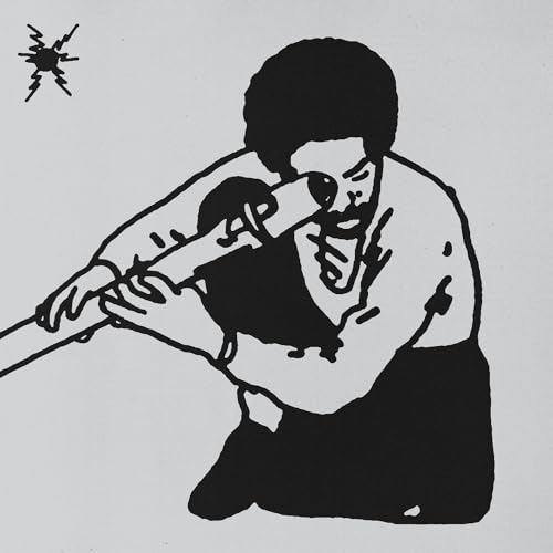 Black and white illustration of a man playing a flute, album cover.