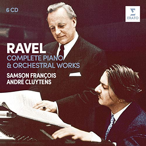 André Cluytens and Samson François looking at sheet music on a dark red background.