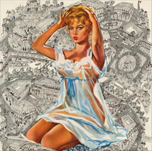 A blonde woman in a sheer white dress kneeling before a detailed city illustration.