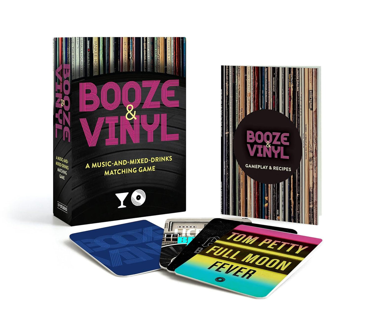 Hardback book "Booze & Vinyl" with accompanying cards, featuring music and drinks.