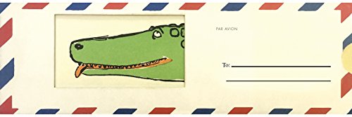 Envelope with a green crocodile illustration and address lines.