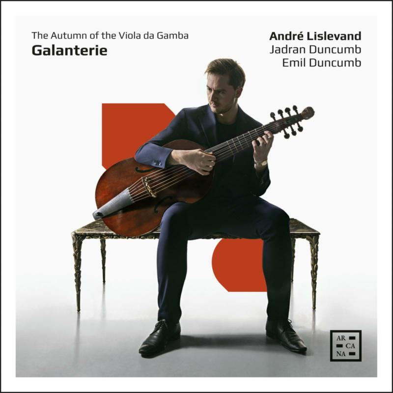 Album cover: Man playing a viola da gamba, red and white geometric shapes.