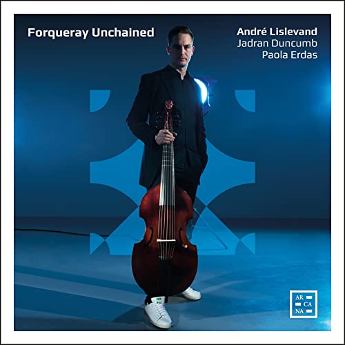 CD cover: Man with cello against a blue and white abstract background.