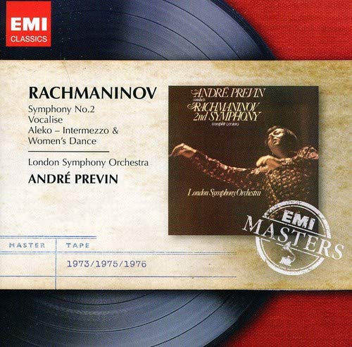 CD cover featuring André Previn conducting the London Symphony Orchestra in Rachmaninov's Symphony No. 2.
