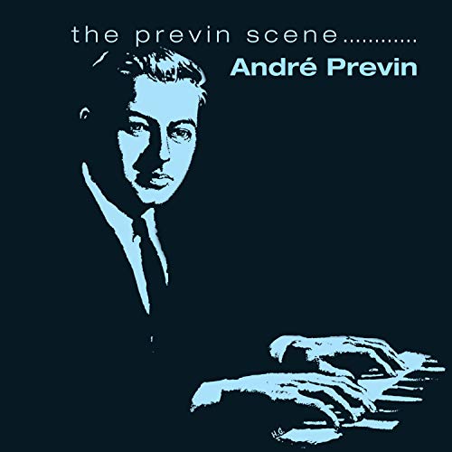 Album cover with blue-toned image of pianist Andre Previn on a dark blue background.