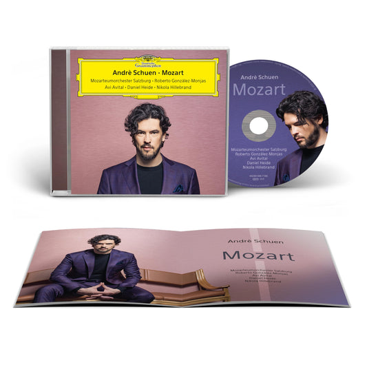 CD case, disc, and insert featuring pianist André Schuen and Mozart branding.