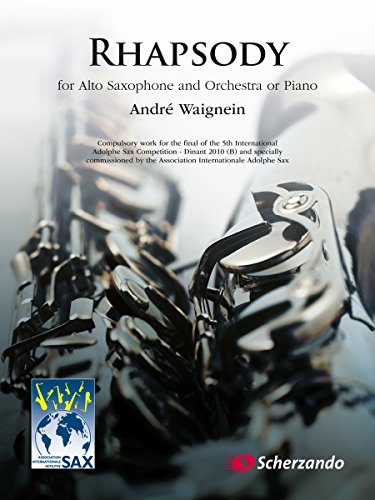 Sheet music titled "Rhapsody" for alto saxophone, featuring a saxophone image.