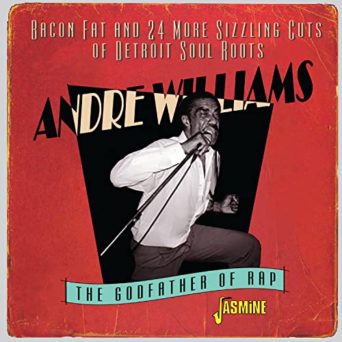 CD cover for Andre Williams, a singer with a microphone, on red background.