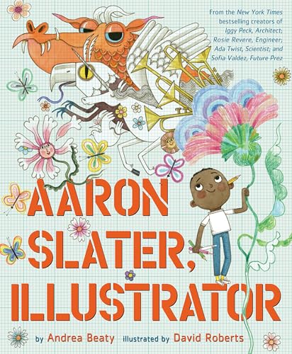 Book cover with a boy drawing fantastical creatures and flowers.