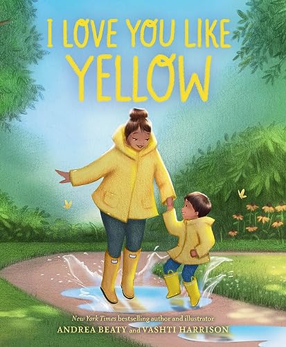 Board book cover: mother and child in yellow raincoats play outdoors.