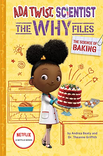 Ada Twist in a lab coat holds a layered cake on a yellow background.