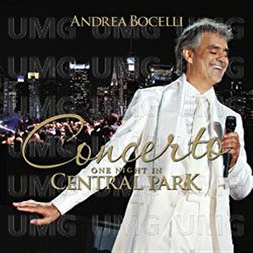 Andrea Bocelli CD cover: portrait with orchestra and Central Park backdrop.