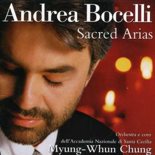 Andrea Bocelli “Sacred Arias” CD cover with portrait and blurred candles.