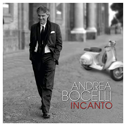 Black and white album cover featuring Andrea Bocelli and a scooter.