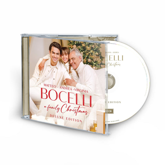 CD case with family portrait of Andrea, Matteo, and Virginia Bocelli.