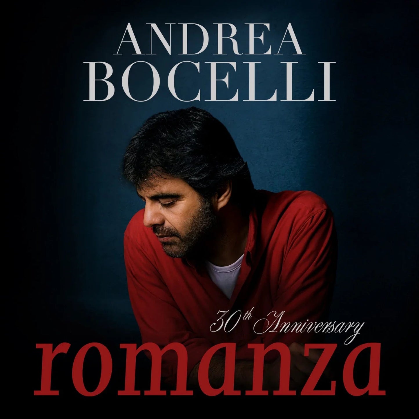 Andrea Bocelli’s “Romanza” 30th Anniversary CD cover with his portrait.