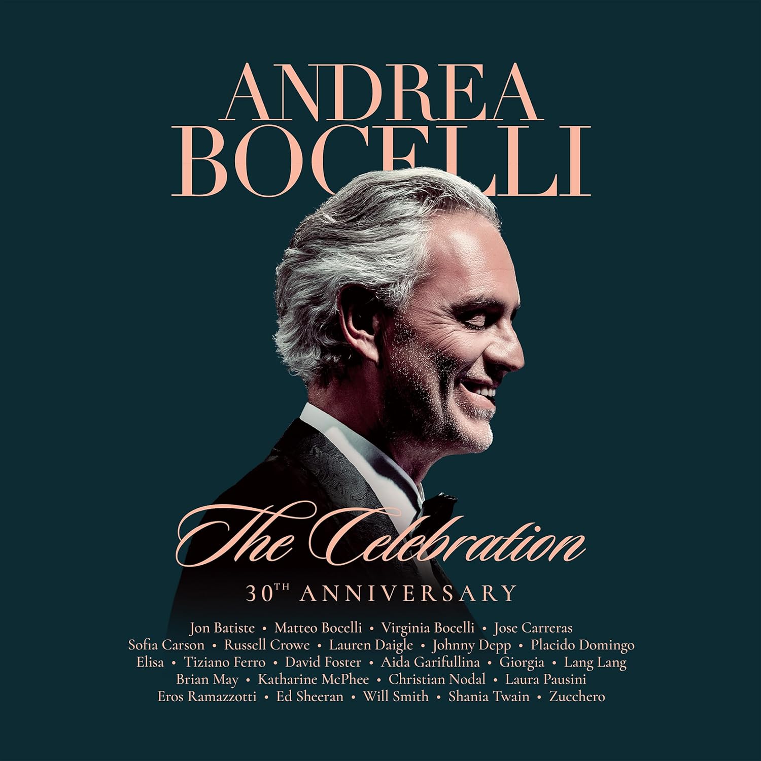 Profile portrait of Andrea Bocelli on a dark teal background with concert artist names.