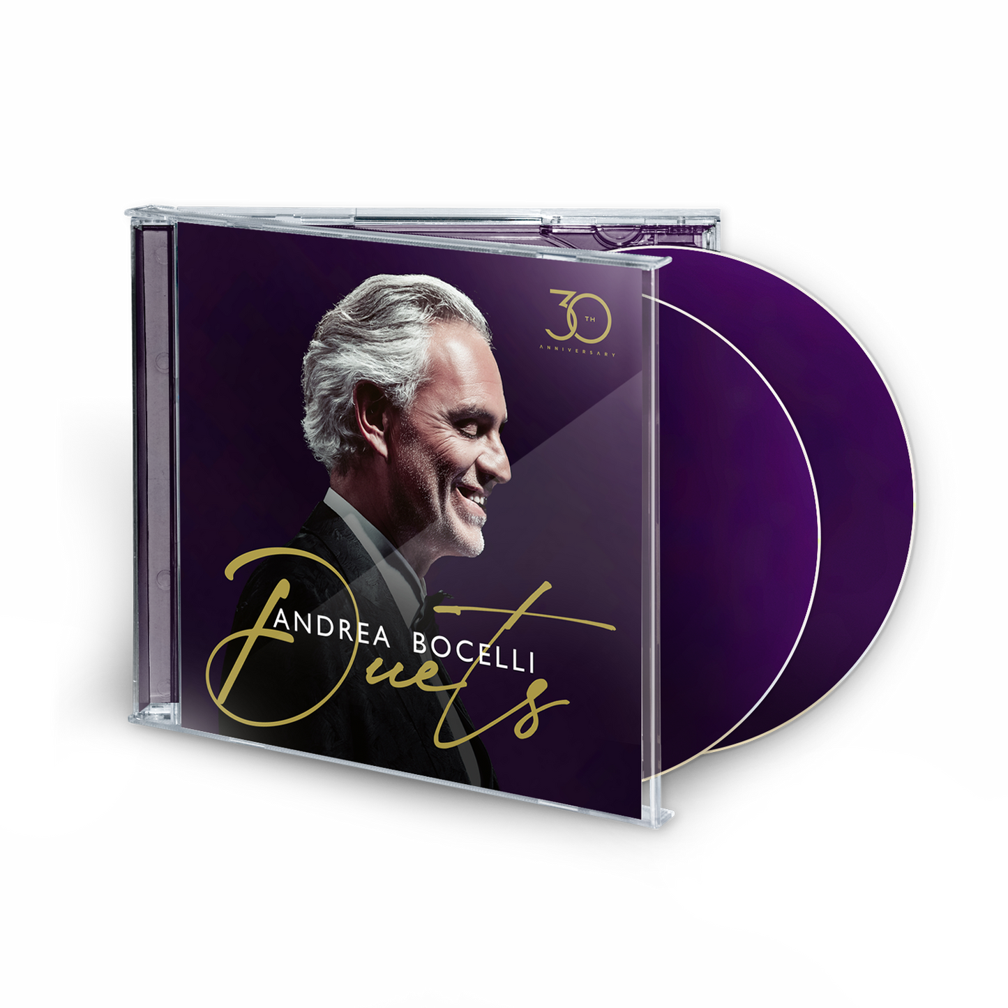Andrea Bocelli "The Duets" CD case with portrait and purple background.