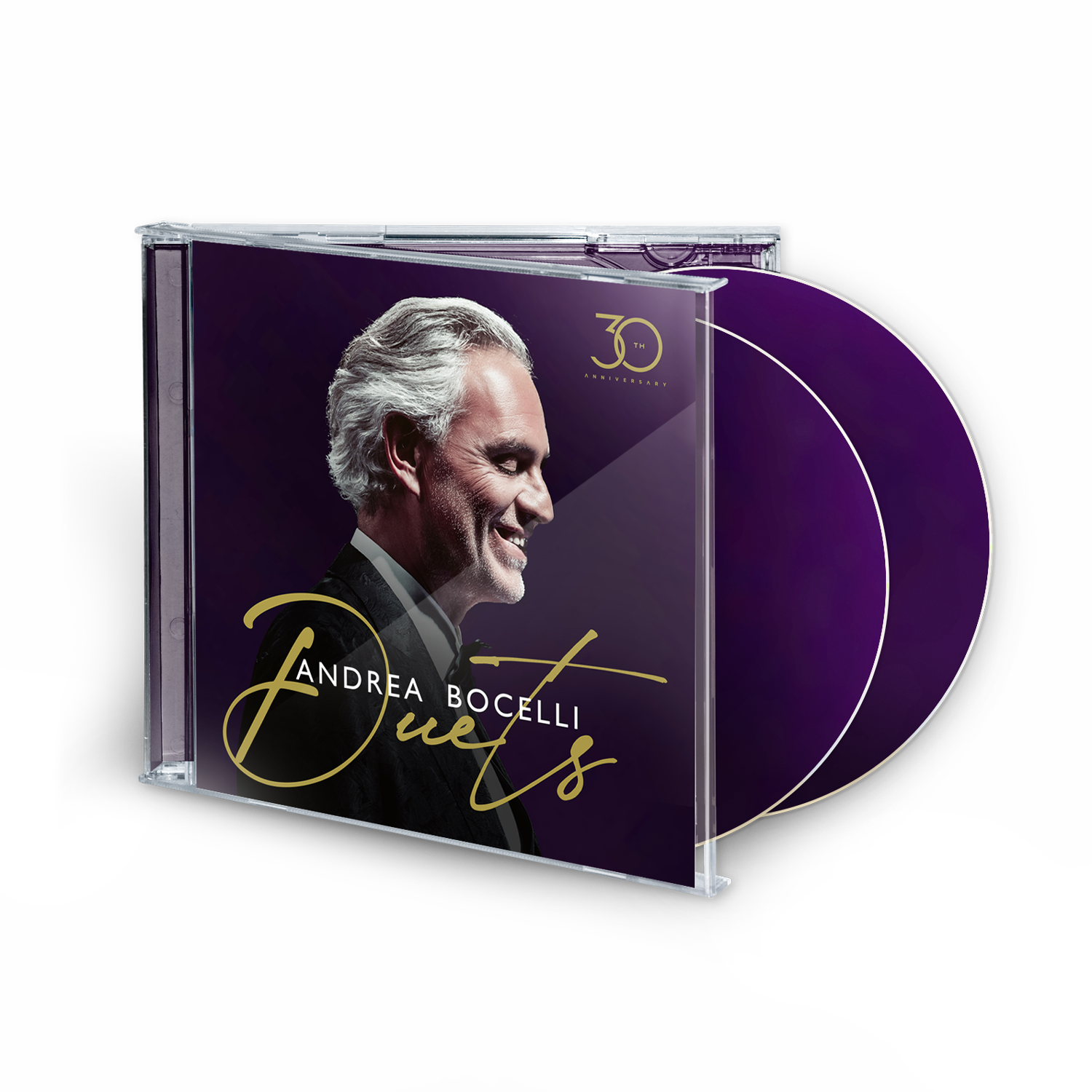 Andrea Bocelli "The Duets" CD case with portrait and purple background.