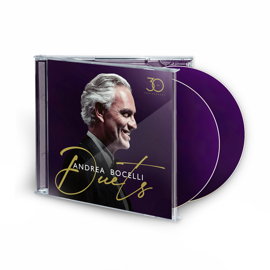 Andrea Bocelli "The Duets" CD case with portrait and purple background.