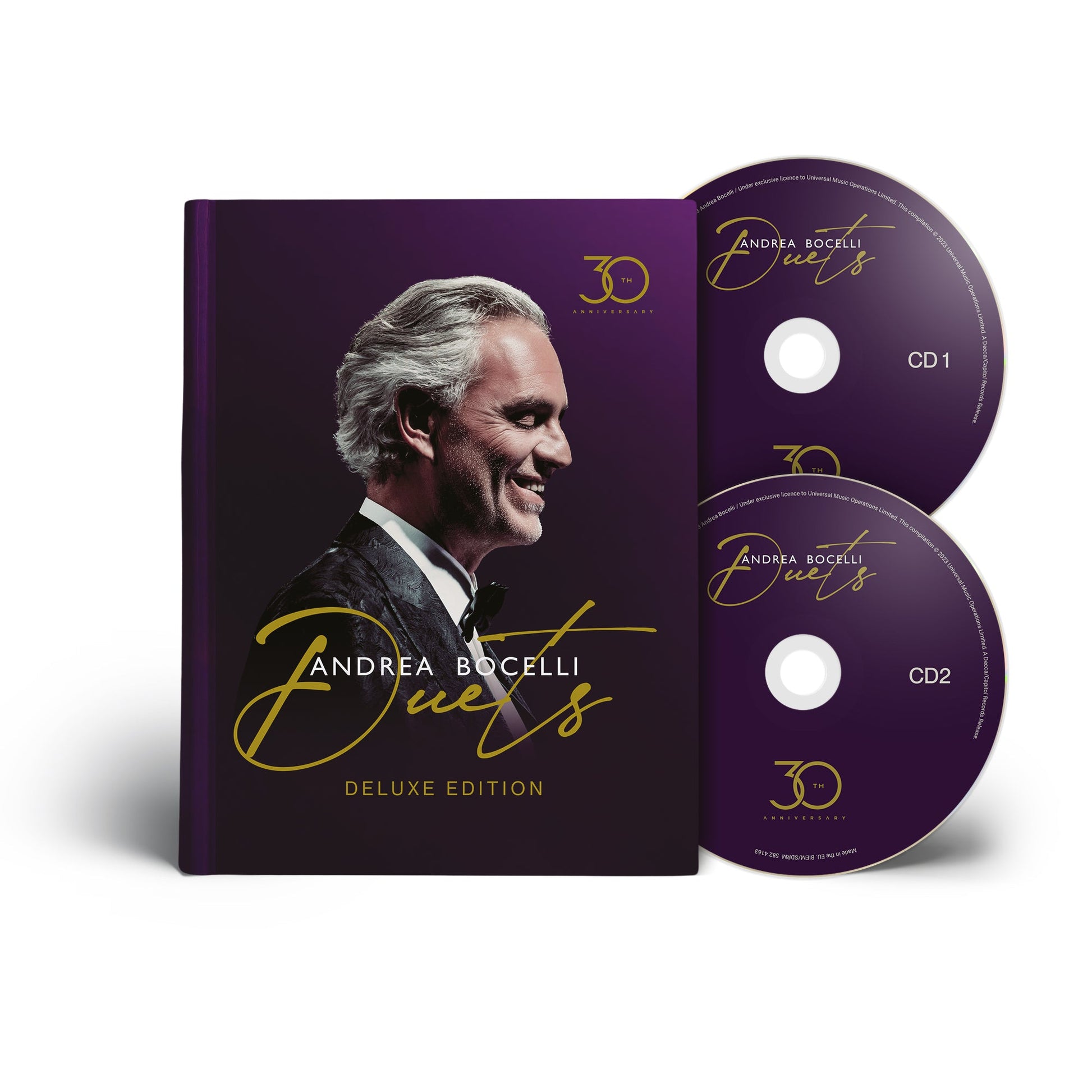 Andrea Bocelli "The Duets" deluxe CD packaging with portrait and discs.