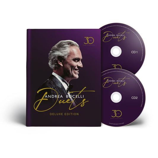 Andrea Bocelli "The Duets" deluxe CD packaging with portrait and discs.