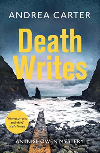 Book cover for “Death Writes” with coastal landscape and large yellow text.