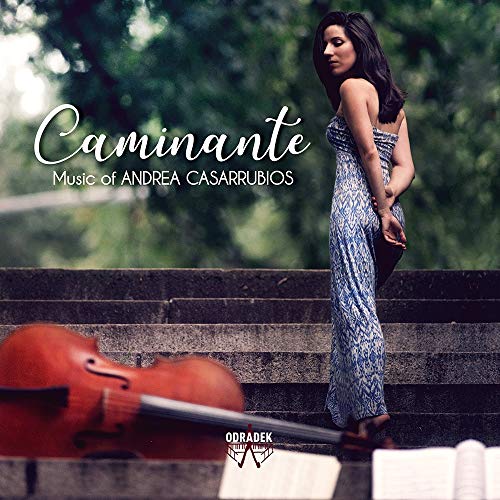 "CD cover featuring a woman in a blue dress holding a violin case."