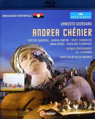 Blue "Andrea Chenier" Blu-ray cover with opera scene and performer in a headscarf.