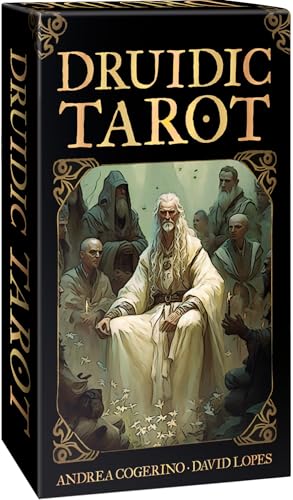 Black box for "Druidic Tarot" deck featuring figures in robes.