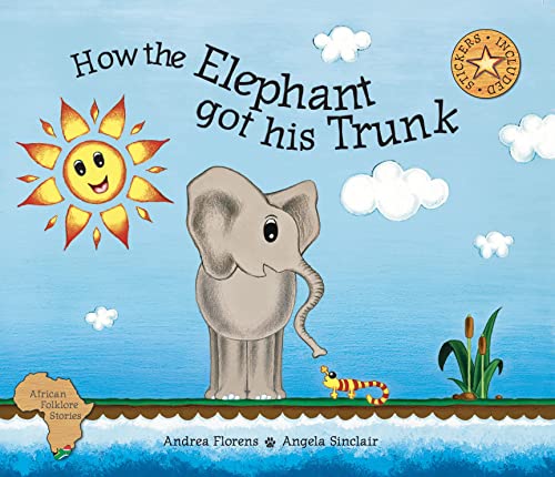 Book cover: gray elephant with short trunk, sun, and colorful landscape.