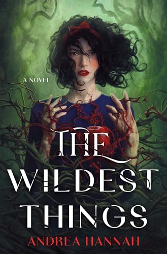 Book cover: woman with red ribbon, holding a red apple, dark forest background.
