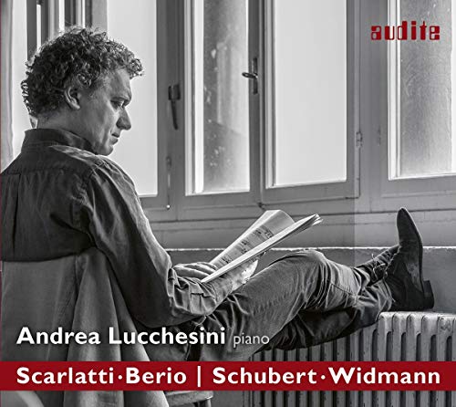 Man with sheet music, album cover for pianist Andrea Lucchesini.