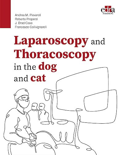 Book cover: “Laparoscopy and Thoracoscopy in the Dog and Cat” with veterinary illustration.