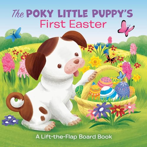 Puppy with Easter basket, butterflies, and flowers on book cover.