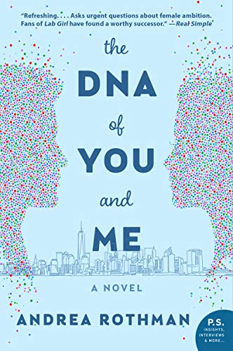Book cover: "The DNA of You and Me" with silhouette faces and city skyline.