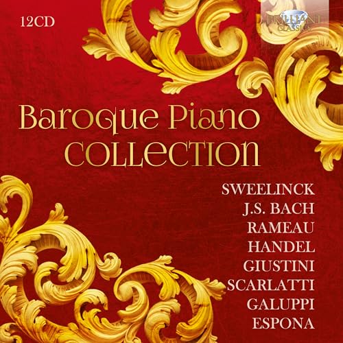 Red background with ornate gold flourishes and "Baroque Piano Collection" text.