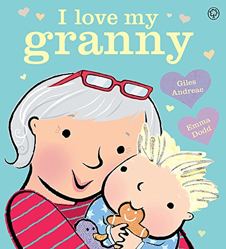 Illustration of a grandmother hugging a child, book cover for "I Love My Granny.