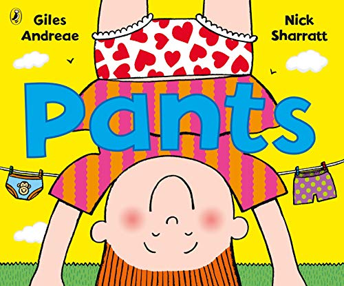 Book cover: upside-down baby with colorful pants and a bright yellow background.
