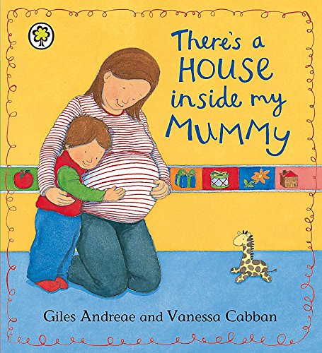 "Children's book cover: pregnant woman and child, yellow background, white polka dots, blue text."