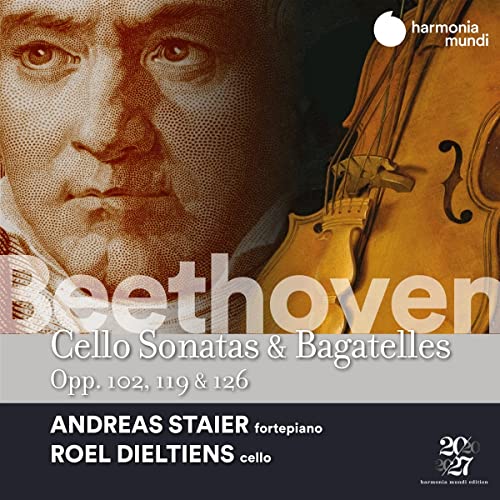 CD cover featuring Beethoven, a cellist, and text: "Beethoven Cello Sonatas & Bagatelles".