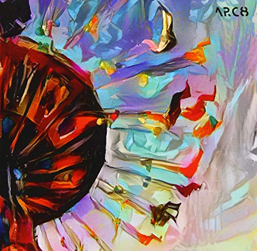 Abstract painting with a dark circular form on the left and colorful brushstrokes.