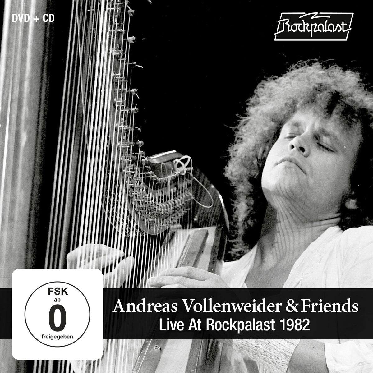 Andreas Vollenweider playing a large harp, album cover for "Live At Rockpalast 1982".
