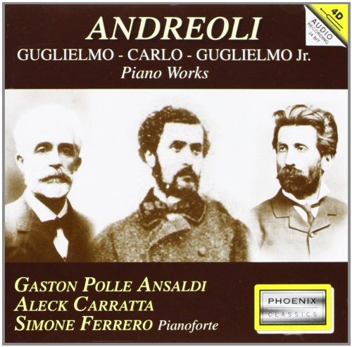 CD cover featuring portraits of three men and text identifying piano works.
