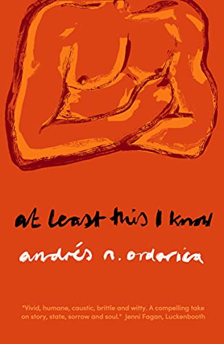 Book cover: orange abstract shape with black title "At Least This I Know".