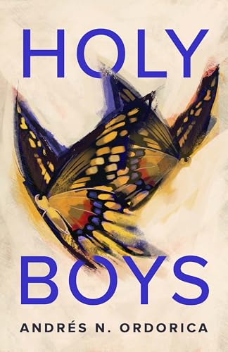 Book cover: "Holy Boys" with abstract butterfly imagery and blue text.