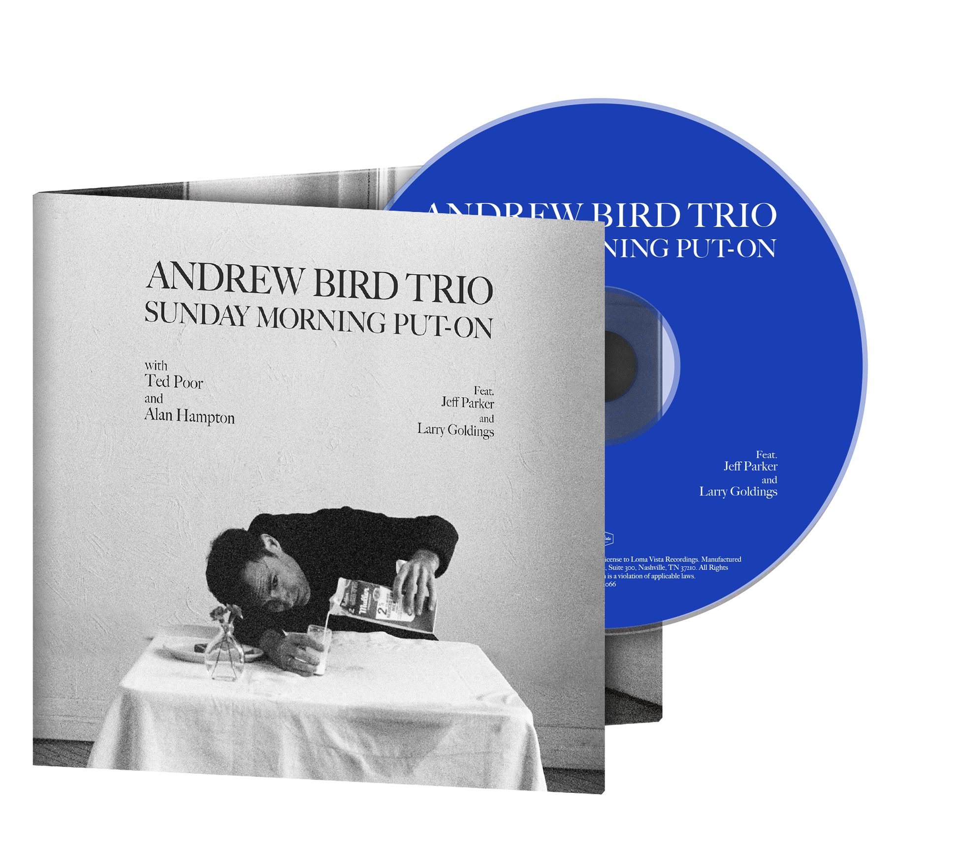 CD case for Andrew Bird Trio’s “Sunday Morning Put-On” with a black and white photo.