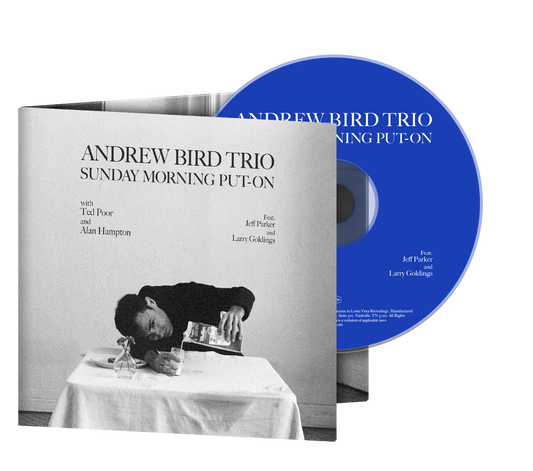 CD case for Andrew Bird Trio’s “Sunday Morning Put-On” with a black and white photo.